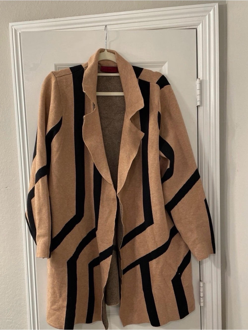 Camel and Black Geometric Open-Front Cardigan Sweater